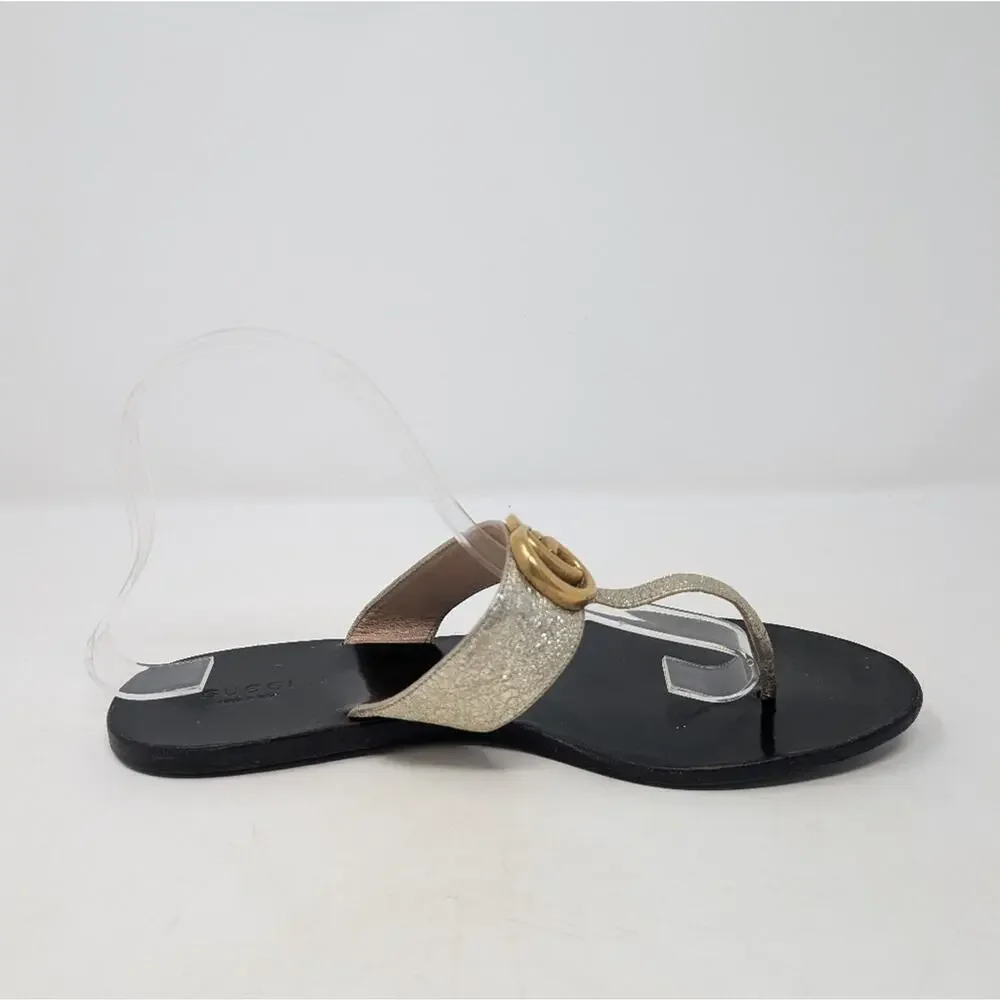 Gucci Marmont gold Thong Sandals Size 39.5 GG Logo Monogram Flip Flops